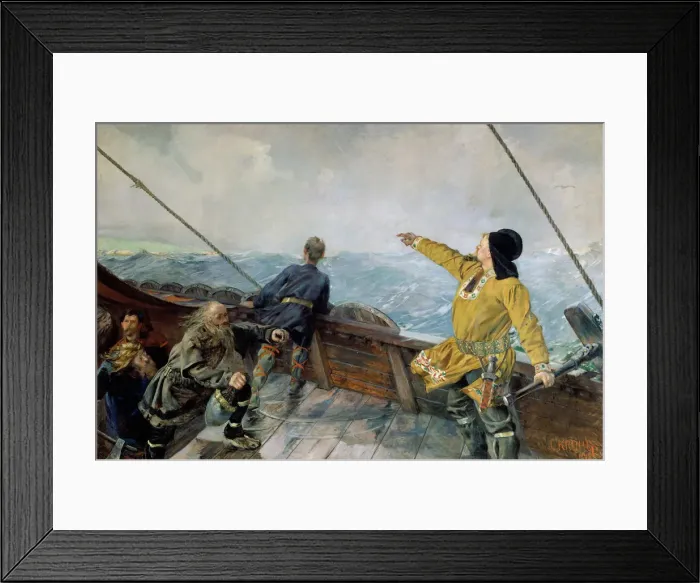 Framed Print : Leiv Eiriksson discovers America. Artist: Krohg, Christian (1852-1925) Framed Print : Leiv Eiriksson discovers America. Artist: Krohg, Christian (1852-1925)