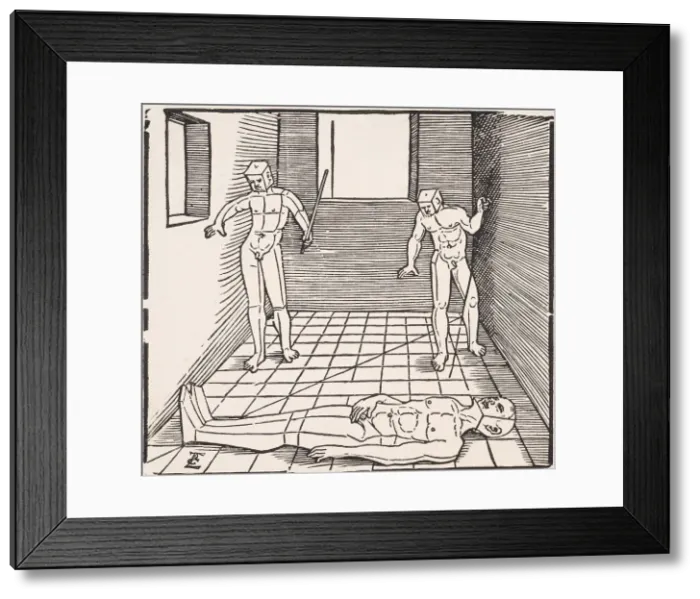 Framed Print : Three male figures in a room (From: Unnderweissung der Proportzion). Artist: Schoen, Erhard (1491-1592) Framed Print : Three male figures in a room (From: Unnderweissung der Proportzion). Artist: Schoen, Erhard (1491-1592)