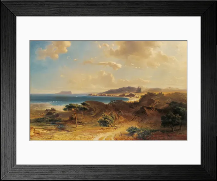 Framed Print : Beach at Estepona with a View of the Rock of Gibraltar. Artist: Bamberger, Fritz (Friedrich) (1814-1873) Framed Print : Beach at Estepona with a View of the Rock of Gibraltar. Artist: Bamberger, Fritz (Friedrich) (1814-1873)