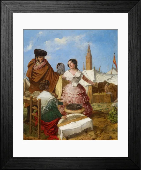 Framed Print : Courting at a Ring-Shaped Pastry Stall at the Seville Fair. Artist: Benjumea, Rafael (c. 1825-c. 1887) Framed Print : Courting at a Ring-Shaped Pastry Stall at the Seville Fair. Artist: Benjumea, Rafael (c. 1825-c. 1887)