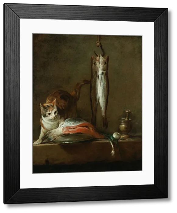 Framed Print : Still Life With Cat and Fish. Artist: Chardin, Jean-Baptiste Simeon (1699-1779) Framed Print : Still Life With Cat and Fish. Artist: Chardin, Jean-Baptiste Simeon (1699-1779)