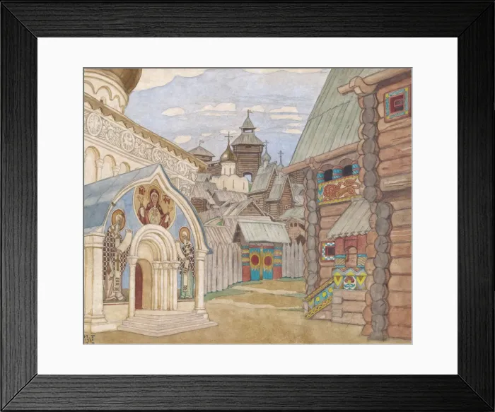 Framed Print : Russian Village. Stage design for the opera The Tale of Tsar Saltan by N. Rimsky-Korsakov. Artist: Bilibin, Ivan Yakovlevich (1876-1942) Framed Print : Russian Village. Stage design for the opera The Tale of Tsar Saltan by N. Rimsky-Korsakov. Artist: Bilibin, Ivan Yakovlevich (1876-1942)