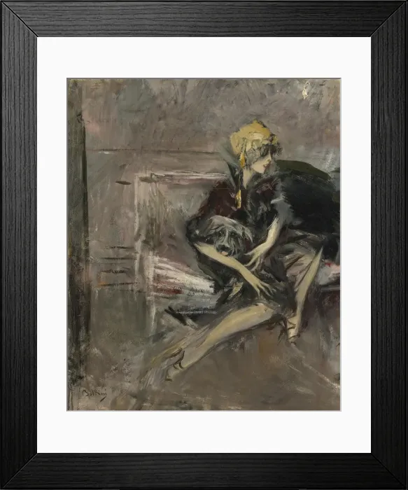 Framed Print : Lady In A Yellow Hat With Her Dog (Marchesa Casati). Artist: Boldini, Giovanni (1842-1931) Framed Print : Lady In A Yellow Hat With Her Dog (Marchesa Casati). Artist: Boldini, Giovanni (1842-1931)