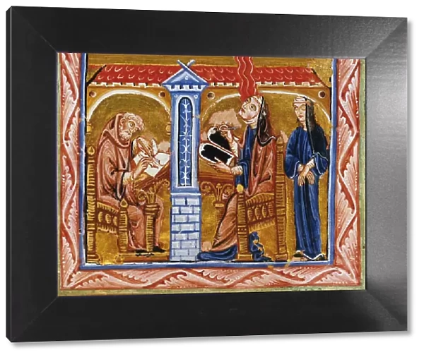 Hildegard receives a vision in the presence of her secretary Volmar and her confidante Richardis, ca Artist: Anonymous