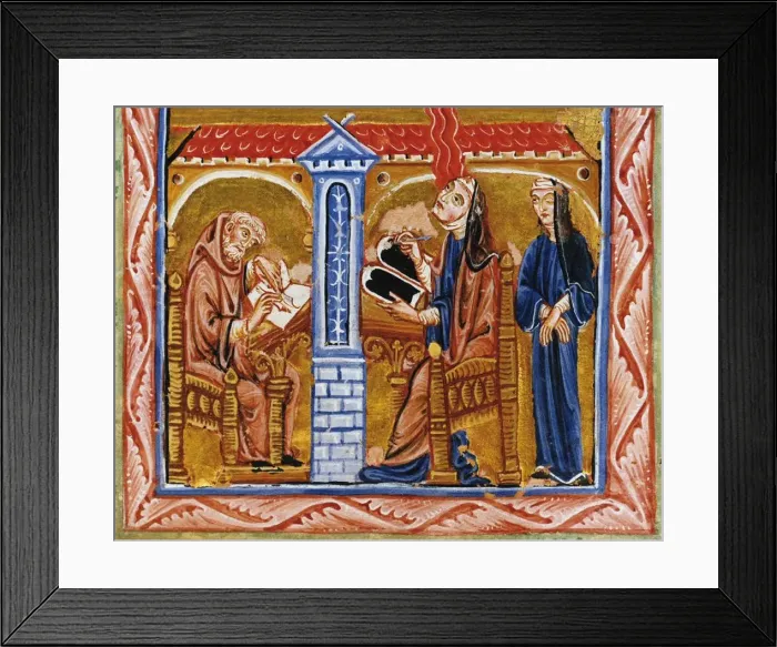 Framed Print : Hildegard receives a vision in the presence of her secretary Volmar and her confidante Richardis, ca Artist: Anonymous Framed Print : Hildegard receives a vision in the presence of her secretary Volmar and her confidante Richardis, ca Artist: Anonymous