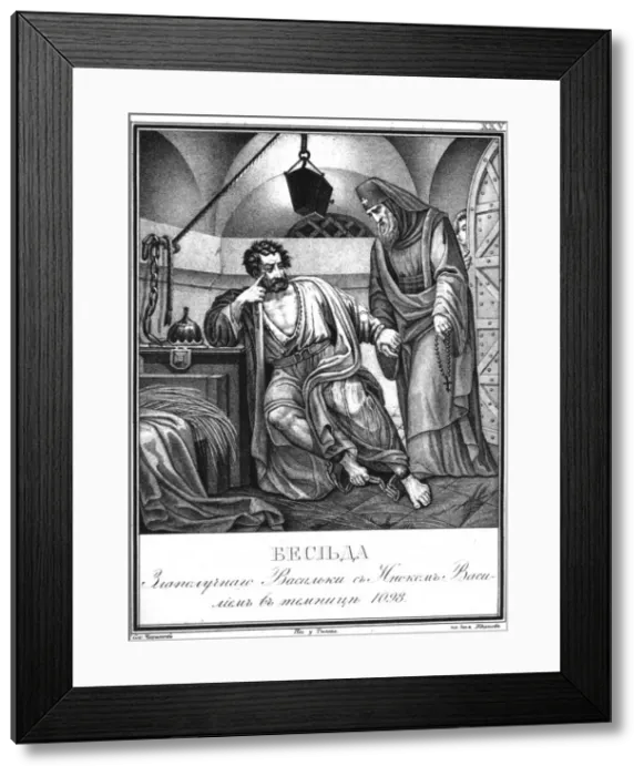 Framed Print : Vasilko Rostislavich in Prison Visited by Monk Vasily. 1098 (From Illustrated Karamzin), 1836. Artist: Chorikov, Boris Artemyevich (1802-1866) Framed Print : Vasilko Rostislavich in Prison Visited by Monk Vasily. 1098 (From Illustrated Karamzin), 1836. Artist: Chorikov, Boris Artemyevich (1802-1866)