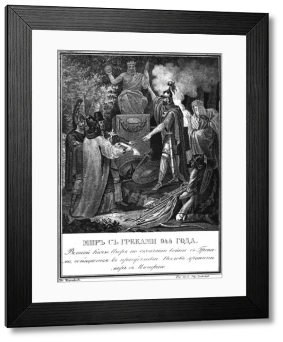 Framed Print : Prince Igor makes peace with Byzantium. 944 (From Illustrated Karamzin), 1836. Artist: Chorikov, Boris Artemyevich (1802-1866) Framed Print : Prince Igor makes peace with Byzantium. 944 (From Illustrated Karamzin), 1836. Artist: Chorikov, Boris Artemyevich (1802-1866)