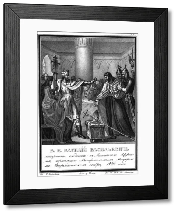 Framed Print : Grand Prince Vasily Vasiliyevich rejects connection with the Latin Church. 1440 (From Illustrated K Artist: Chorikov, Boris Artemyevich (1802-1866) Framed Print : Grand Prince Vasily Vasiliyevich rejects connection with the Latin Church. 1440 (From Illustrated K Artist: Chorikov, Boris Artemyevich (1802-1866)