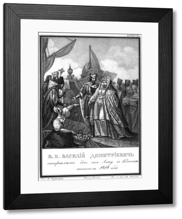 Framed Print : Vasily I of Moscow sends his daughter Anna to Constantinople. 1414 (From Illustrated Karamzin), 18 Artist: Chorikov, Boris Artemyevich (1802-1866) Framed Print : Vasily I of Moscow sends his daughter Anna to Constantinople. 1414 (From Illustrated Karamzin), 18 Artist: Chorikov, Boris Artemyevich (1802-1866)