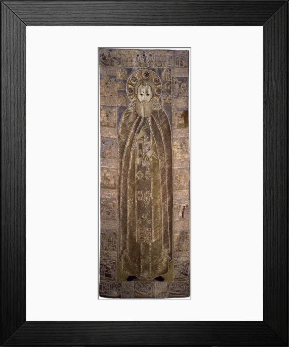 Framed Print : The Shroud of Saint Sergius of Radonezh, 1671. Artist: Workshop of Anna Ivanovna Stroganova Framed Print : The Shroud of Saint Sergius of Radonezh, 1671. Artist: Workshop of Anna Ivanovna Stroganova