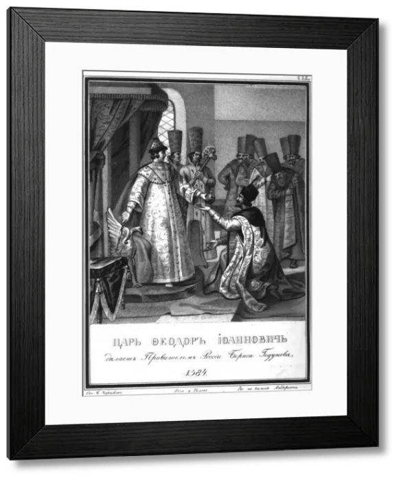 Framed Print : Fyodor I handed over his rule to Boris Godunov. 1584 (From Illustrated Karamzin), 1836. Artist: Chorikov, Boris Artemyevich (1802-1866) Framed Print : Fyodor I handed over his rule to Boris Godunov. 1584 (From Illustrated Karamzin), 1836. Artist: Chorikov, Boris Artemyevich (1802-1866)