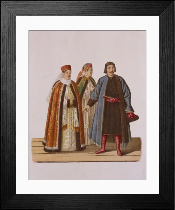 Framed Print : Clothing of the unmarried Boyars daughters at the Time of Peter I (From the series Clothing of the Artist: Solntsev, Fyodor Grigoryevich (1801-1892) Framed Print : Clothing of the unmarried Boyars daughters at the Time of Peter I (From the series Clothing of the Artist: Solntsev, Fyodor Grigoryevich (1801-1892)