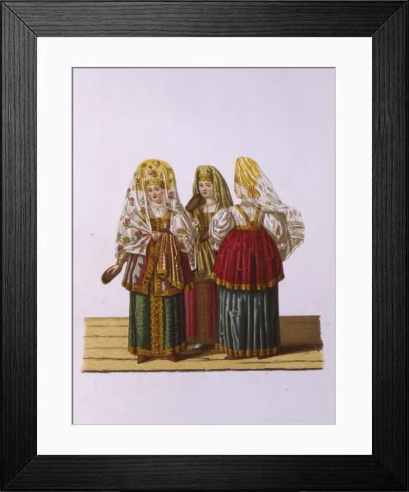 Framed Print : Costumes of Women and Maidens from Tver (From the series Clothing of the Russian state), 1851. Artist: Solntsev, Fyodor Grigoryevich (1801-1892) Framed Print : Costumes of Women and Maidens from Tver (From the series Clothing of the Russian state), 1851. Artist: Solntsev, Fyodor Grigoryevich (1801-1892)