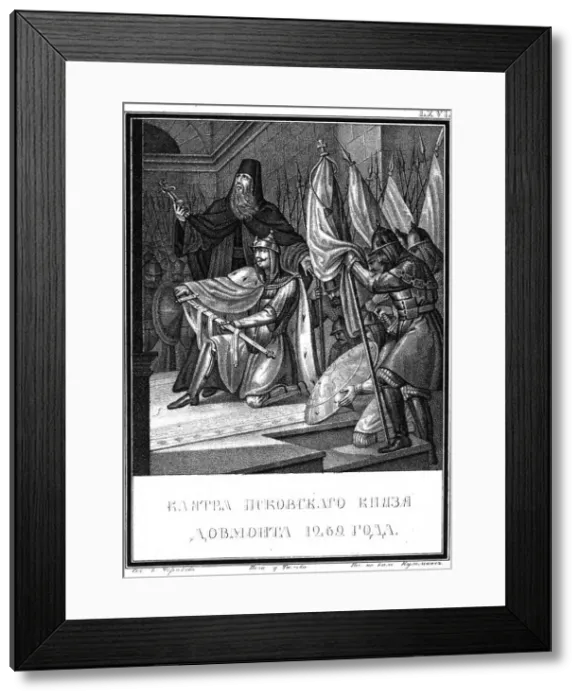 Framed Print : The Oath of Dovmont. 1269 (From Illustrated Karamzin), 1836. Artist: Chorikov, Boris Artemyevich (1802-1866) Framed Print : The Oath of Dovmont. 1269 (From Illustrated Karamzin), 1836. Artist: Chorikov, Boris Artemyevich (1802-1866)