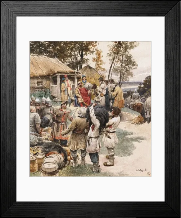 Framed Print : Poliudie (Collecting tribute). Igor of Kiev Exacting Tribute from the Drevlyans, 1903. Artist: Lebedev, Klavdi Vasilyevich (1852-1916) Framed Print : Poliudie (Collecting tribute). Igor of Kiev Exacting Tribute from the Drevlyans, 1903. Artist: Lebedev, Klavdi Vasilyevich (1852-1916)