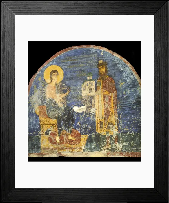 Framed Print : Grand Prince Yaroslav II Vsevolodovich with model of the Nereditsa Church before Christ, 12th centur Artist: Ancient Russian frescos Framed Print : Grand Prince Yaroslav II Vsevolodovich with model of the Nereditsa Church before Christ, 12th centur Artist: Ancient Russian frescos