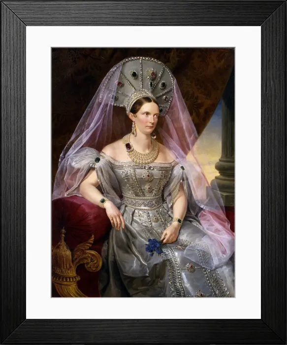 Framed Print : Portrait of Empress Alexandra Fyodorovna (Charlotte of Prussia), in kokoshnik, ca 1836. Artist: Kruger, Franz (1797-1857) Framed Print : Portrait of Empress Alexandra Fyodorovna (Charlotte of Prussia), in kokoshnik, ca 1836. Artist: Kruger, Franz (1797-1857)
