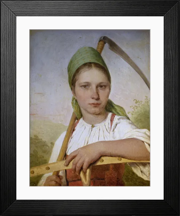 Framed Print : Peasant woman with a scythe and rake, before 1825. Artist: Venetsianov, Alexei Gavrilovich (1780-1847) Framed Print : Peasant woman with a scythe and rake, before 1825. Artist: Venetsianov, Alexei Gavrilovich (1780-1847)