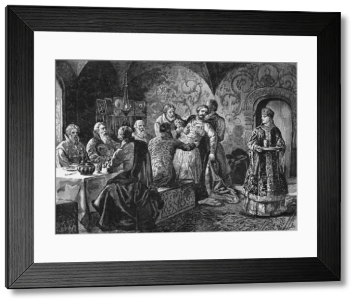 Framed Print : Prince Mikhail Vasiliyevich Skopin-Shuisky at the Feast of Count Vorotynsky. Artist: Zemtsov, Alexander Efimovich (1856-1896) Framed Print : Prince Mikhail Vasiliyevich Skopin-Shuisky at the Feast of Count Vorotynsky. Artist: Zemtsov, Alexander Efimovich (1856-1896)