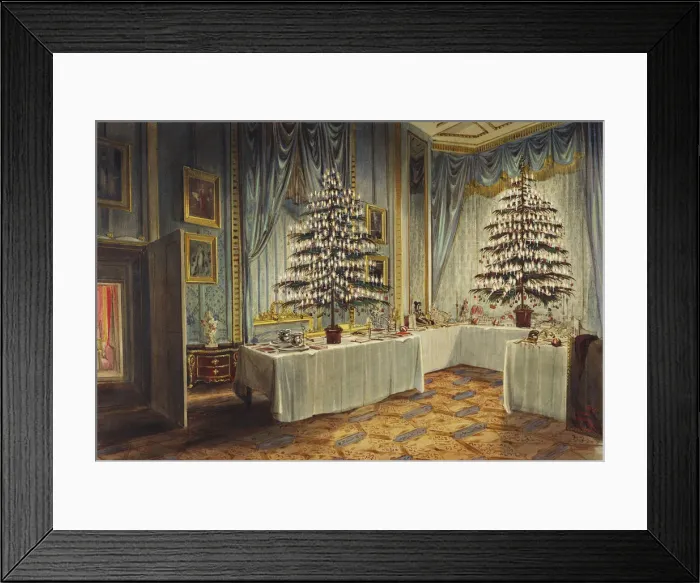 Framed Print : Christmas trees of the Duchess of Kent and the royal children at Windsor Castle, 1850. Artist: Roberts, James (1824-1867) Framed Print : Christmas trees of the Duchess of Kent and the royal children at Windsor Castle, 1850. Artist: Roberts, James (1824-1867)