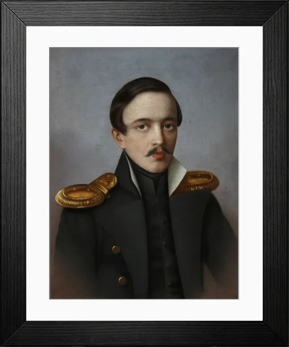 Framed Print : Portrait of the poet Mikhail Lermontov (1814-1841), 1887. Artist: Krylov, G. F. (active 1880s) Framed Print : Portrait of the poet Mikhail Lermontov (1814-1841), 1887. Artist: Krylov, G. F. (active 1880s)