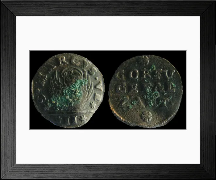 Framed Print : Venetian colonial gazzetta (coin) of the Ionian Islands. (A gazzetta = 2 soldi), 1710-1724. Artist: Numismatic, West European Coins Framed Print : Venetian colonial gazzetta (coin) of the Ionian Islands. (A gazzetta = 2 soldi), 1710-1724. Artist: Numismatic, West European Coins
