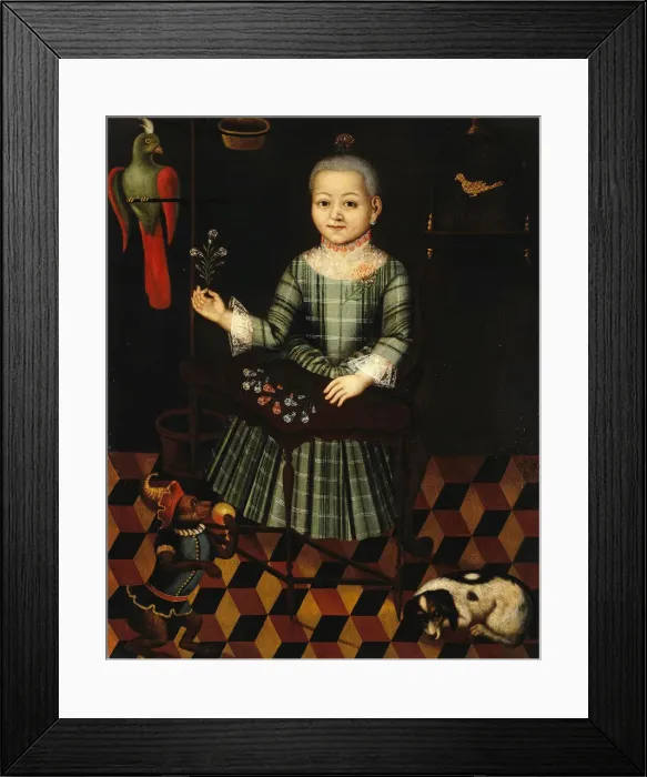 Framed Print : Girl with parrot, Mid of the 18th century. Artist: Anonymous Framed Print : Girl with parrot, Mid of the 18th century. Artist: Anonymous