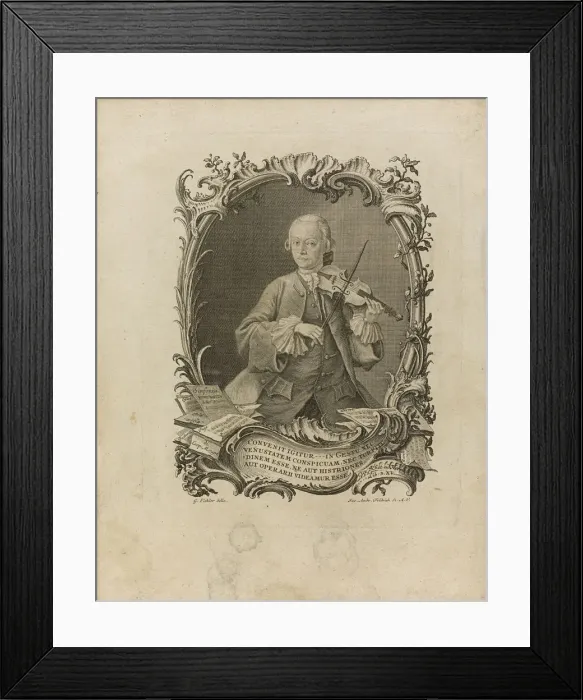 Framed Print : Leopold Mozart. Frontispiece of the Versuch einer grundlichen Violinschule, 1756. Artist: Friedrich (Fridrich), Jakob Andreas (1683-1751) Framed Print : Leopold Mozart. Frontispiece of the Versuch einer grundlichen Violinschule, 1756. Artist: Friedrich (Fridrich), Jakob Andreas (1683-1751)