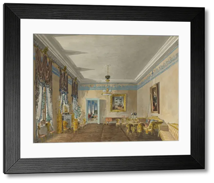 Framed Print : Drawing room in the House of Princess Anna Gagarina in Petersburg, 1799. Artist: Kolmann, Karl Ivanovich (1786-1846) Framed Print : Drawing room in the House of Princess Anna Gagarina in Petersburg, 1799. Artist: Kolmann, Karl Ivanovich (1786-1846)