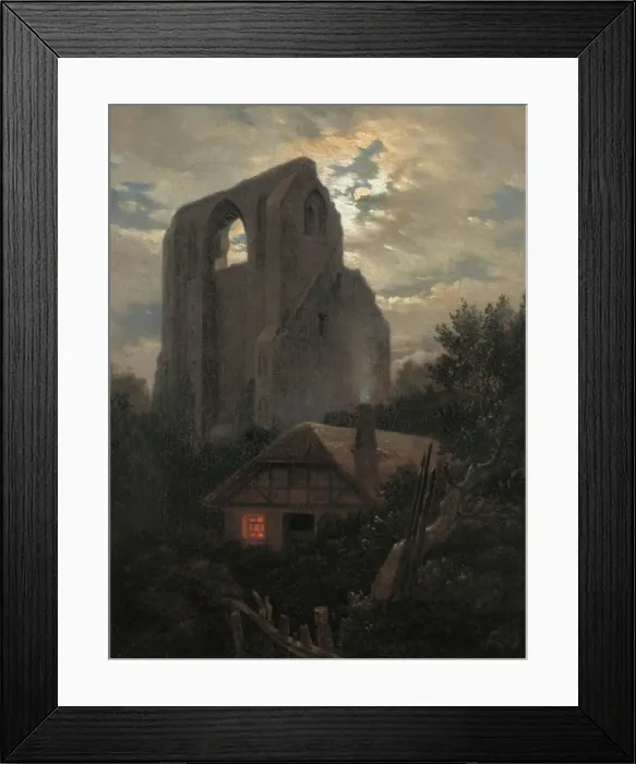 Framed Print : Ruins of the Eldena Monastery with cottage near Greifswald in Moonlight, 1820. Artist: Carus, Carl Gustav (1789-1869) Framed Print : Ruins of the Eldena Monastery with cottage near Greifswald in Moonlight, 1820. Artist: Carus, Carl Gustav (1789-1869)
