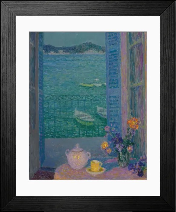 Framed Print : Bunch of flowers at the window, Villefranche-sur-Mer, 1928. Artist: Le Sidaner, Henri (1862-1939)