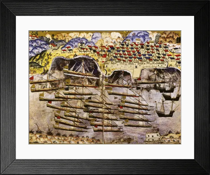 Framed Print : Barbarossas fleet wintering in the French harbour of Toulon, 1543, Mid of 16th century. Artist: Nasuh, Matrakci (1480-c. 1564) Framed Print : Barbarossas fleet wintering in the French harbour of Toulon, 1543, Mid of 16th century. Artist: Nasuh, Matrakci (1480-c. 1564)