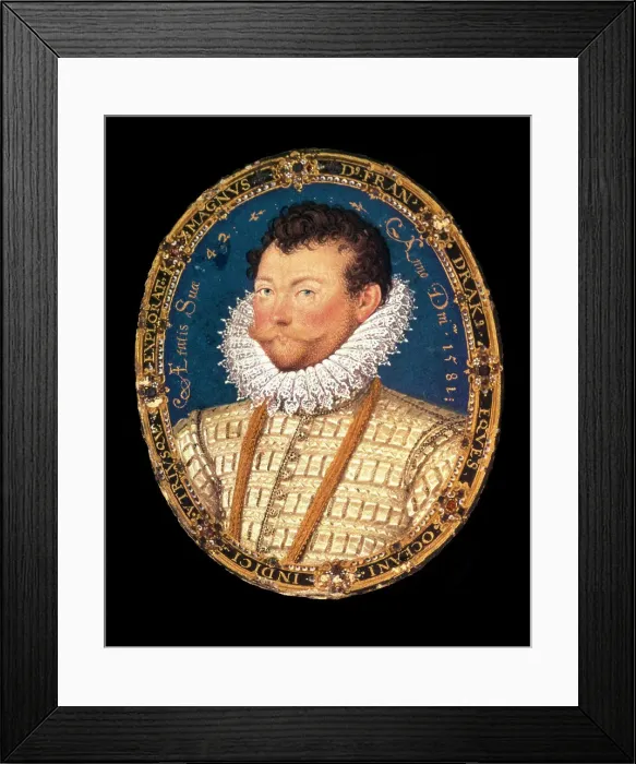 Framed Print : Portrait of Sir Francis Drake, 1581. Artist: Hilliard, Nicholas (c. 1547-1619) Framed Print : Portrait of Sir Francis Drake, 1581. Artist: Hilliard, Nicholas (c. 1547-1619)