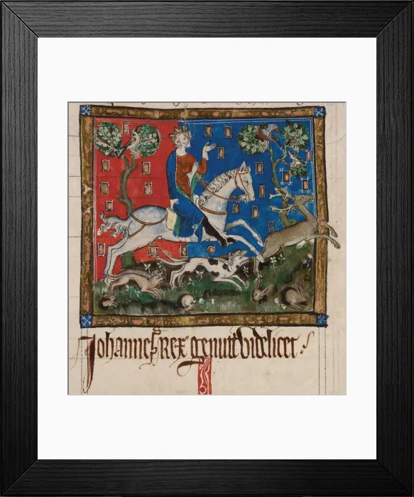 Framed Print : King John hunting on horseback, 14th century. Artist: Anonymous Framed Print : King John hunting on horseback, 14th century. Artist: Anonymous