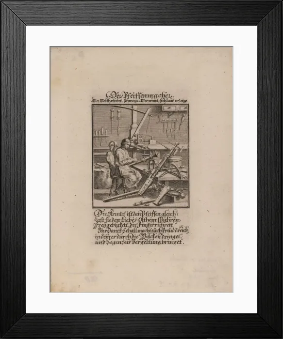 Framed Print : The Wind Instrument Maker. Artist: Weigel, Christoph, the Elder (1654-1725) Framed Print : The Wind Instrument Maker. Artist: Weigel, Christoph, the Elder (1654-1725)