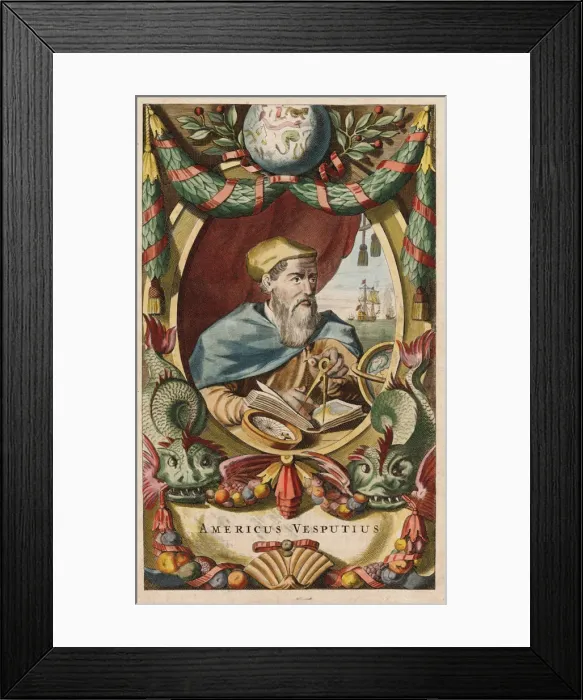 Framed Print : Portrait of Amerigo Vespucci, 1671. Artist: Ogilby, John (1600-1676) Framed Print : Portrait of Amerigo Vespucci, 1671. Artist: Ogilby, John (1600-1676)