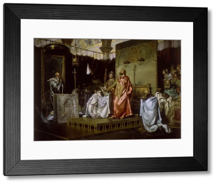 Framed Print : Conversion of Reccared to Catholicism at the Council III of Toledo, 589, 1888. Artist: Munoz Degrain, Antonio (1840-1924) Framed Print : Conversion of Reccared to Catholicism at the Council III of Toledo, 589, 1888. Artist: Munoz Degrain, Antonio (1840-1924)
