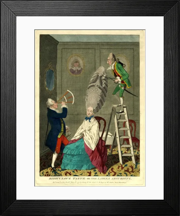 Framed Print : Ridiculous taste or the ladies absurdity, 1771. Artist: Darly, Matthew (Matthias) (c. 1720-c. 1781) Framed Print : Ridiculous taste or the ladies absurdity, 1771. Artist: Darly, Matthew (Matthias) (c. 1720-c. 1781)