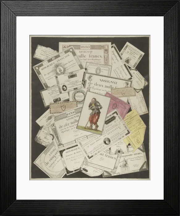 Framed Print : Trompe l oeil with the Assignats, c. 1796. Artist: Hunin, Joseph (1770-1851) Framed Print : Trompe l oeil with the Assignats, c. 1796. Artist: Hunin, Joseph (1770-1851)