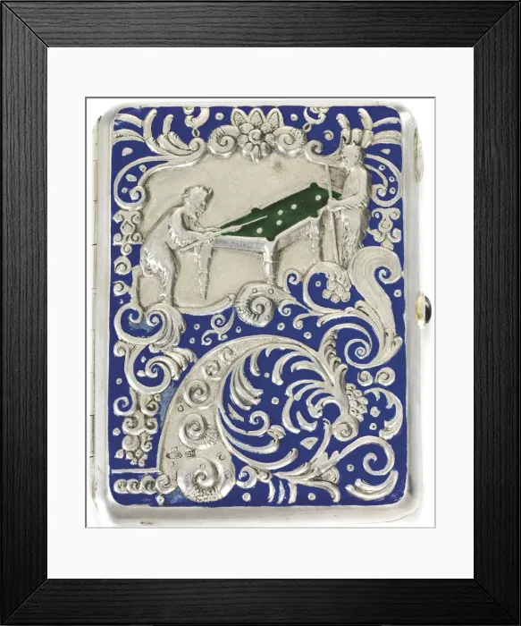 Framed Print : Cigarette case with two satyrs playing Russian billiard, 1884. Artist: Russian master Framed Print : Cigarette case with two satyrs playing Russian billiard, 1884. Artist: Russian master