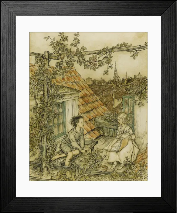 Framed Print : Kay and Gerda in their garden high up on the roof. Illustration for the tale of The Snow Queen, 18 Artist: Rackham, Arthur (1867-1939) Framed Print : Kay and Gerda in their garden high up on the roof. Illustration for the tale of The Snow Queen, 18 Artist: Rackham, Arthur (1867-1939)