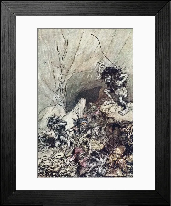 Framed Print : Alberich drives in a band of Niblungs laden with gold and silver treasure. Illustration for The Rhi Artist: Rackham, Arthur (1867-1939) Framed Print : Alberich drives in a band of Niblungs laden with gold and silver treasure. Illustration for The Rhi Artist: Rackham, Arthur (1867-1939)