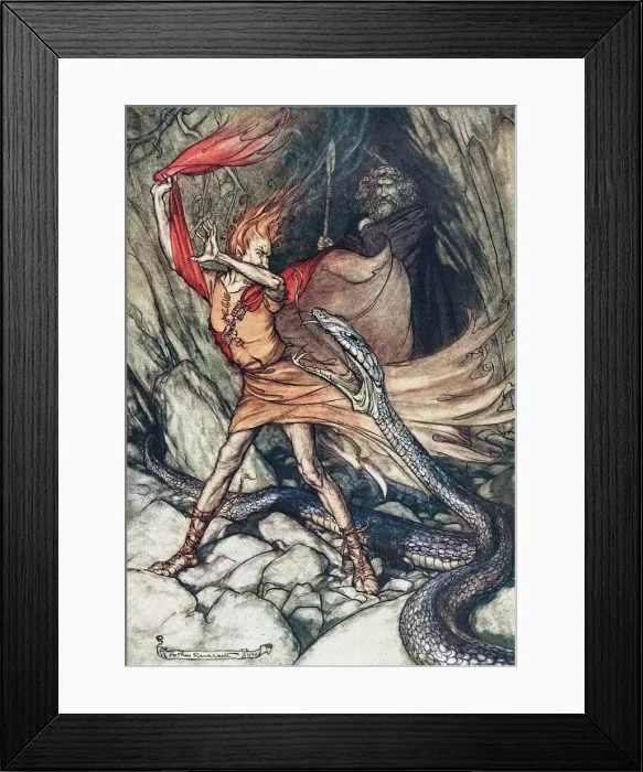 Framed Print : Ohe! Ohe! Terrible dragon, oh, swallow me not! Illustration for The Rhinegold and The Valkyrie by Artist: Rackham, Arthur (1867-1939) Framed Print : Ohe! Ohe! Terrible dragon, oh, swallow me not! Illustration for The Rhinegold and The Valkyrie by Artist: Rackham, Arthur (1867-1939)