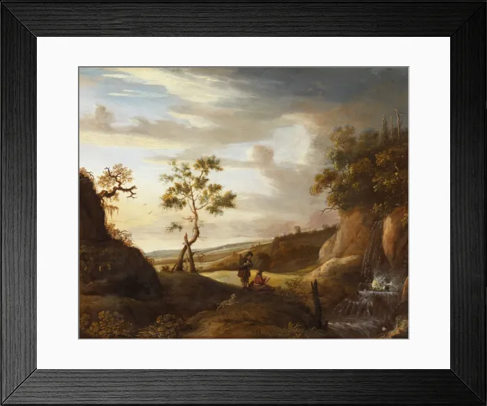 Framed Print : Landscape with an artist who paints a waterfall, 1640s. Artist: Lievens, Jan (1607-1674)