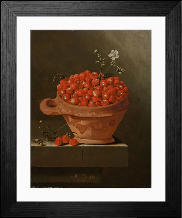 Framed Print : Still life with strawberries in a clay pot, 1704. Artist: Coorte, Adriaen (active 1683-1707) Framed Print : Still life with strawberries in a clay pot, 1704. Artist: Coorte, Adriaen (active 1683-1707)