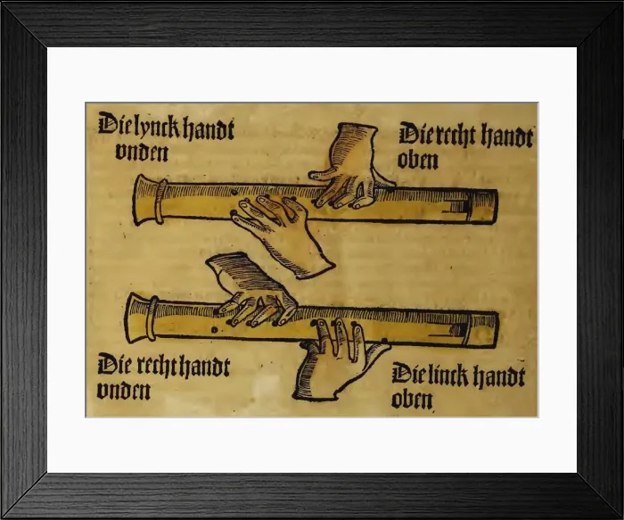 Framed Print : Recorder Duo (from Musica getutscht by Sebastianus Virdung), 1511. Artist: Virdung, Sebastian (1465-?) Framed Print : Recorder Duo (from Musica getutscht by Sebastianus Virdung), 1511. Artist: Virdung, Sebastian (1465-?)