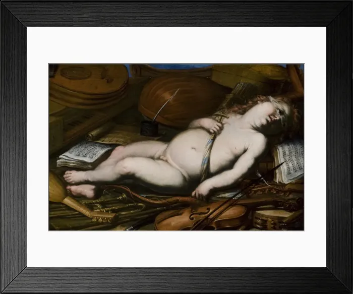 Framed Print : Cupid Among Musical Instruments, Mid of 17th century. Artist: Anonymous Framed Print : Cupid Among Musical Instruments, Mid of 17th century. Artist: Anonymous