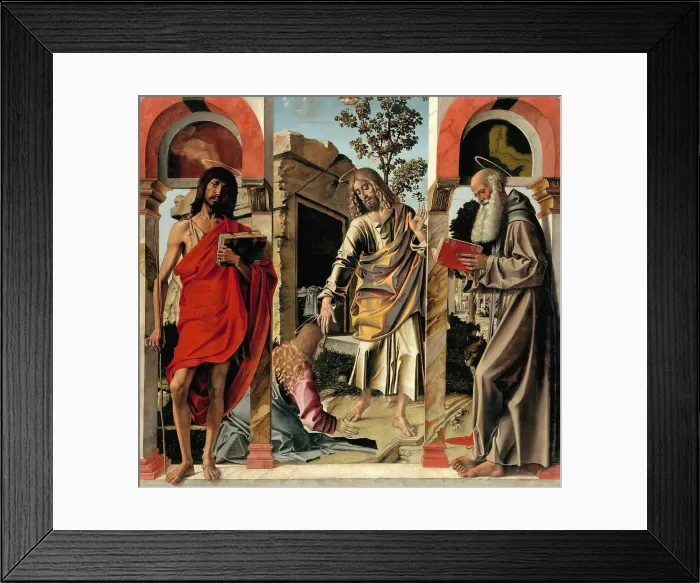 Framed Print : Resurrected Christ with Mary Magdalen and Saints John the Baptist and Jerome, c. 1492. Artist: Montagna, Bartolomeo (1449-1523) Framed Print : Resurrected Christ with Mary Magdalen and Saints John the Baptist and Jerome, c. 1492. Artist: Montagna, Bartolomeo (1449-1523)