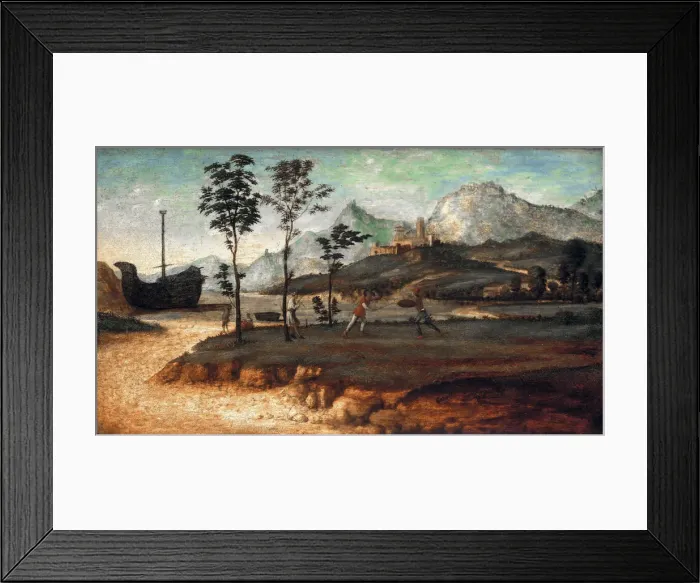 Framed Print : Coastal Landscape with two men fighting, c. 1510. Artist: Cima da Conegliano, Giovanni Battista (ca. 1459-1517) Framed Print : Coastal Landscape with two men fighting, c. 1510. Artist: Cima da Conegliano, Giovanni Battista (ca. 1459-1517)