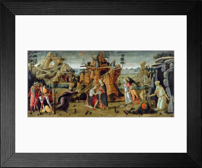 Framed Print : Landscape with biblical scenes and legends of the saints. Artist: Jacopo del Sellaio (1442-1493) Framed Print : Landscape with biblical scenes and legends of the saints. Artist: Jacopo del Sellaio (1442-1493)